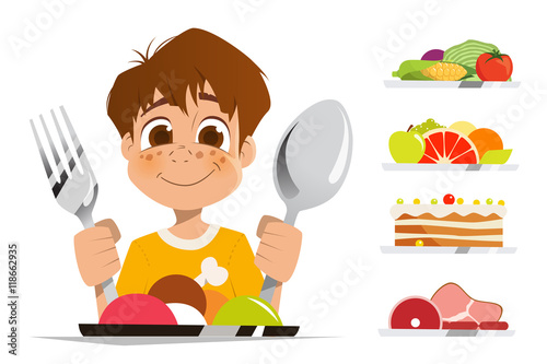 Boy kid child holding spoon and fork eating meal dish