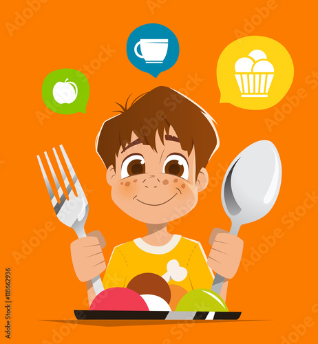 Boy kid child holding spoon and fork eating meal dish