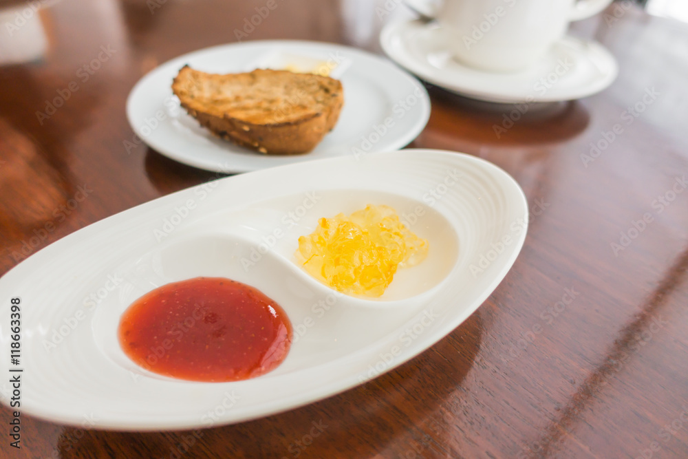 Breakfast with toast and coffee. Breakfast with toast and coffee.
