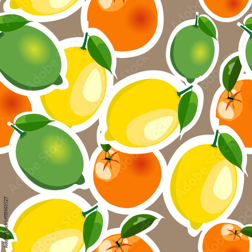Fototapeta Naklejka Na Ścianę i Meble -  Seamless pattern with lemon, orange, lime stickers. Fruit isolated on a brown background