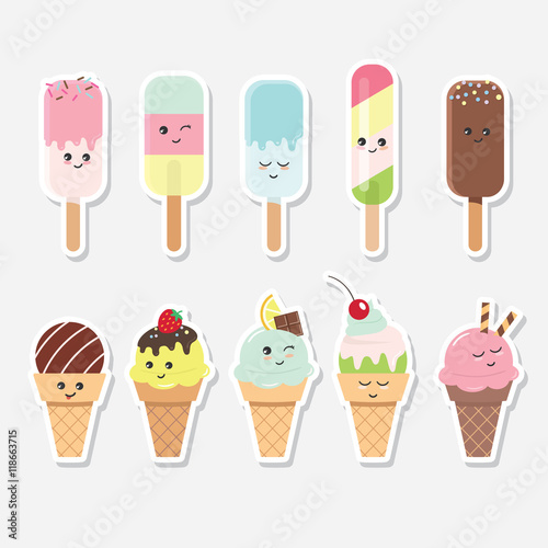 Ice cream set. Cute cartoon characters.