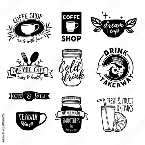 Set retro vintage logos for coffee shop, tea bar. Logos with juice, smoothies and a cup of tea. Symbol, label, badge for store with drinks. Silhouettes of utensils for the cafe. Vector