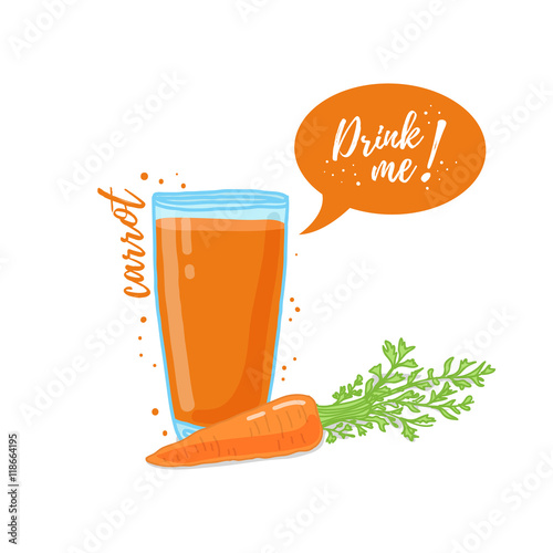 Design Template banner, poster, icons carrot smoothies. Illustration of carrot juice Drink me. Carrot fresh vegetable cocktail. Vector.