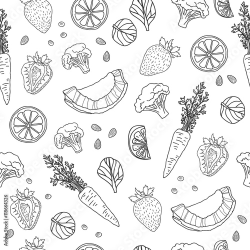 Seamless pattern with fruits, vegetables, nuts and herbs. vegetarian wallpaper. Background with eating a healthy diet. Black and white, outline, doodle style. Vector
