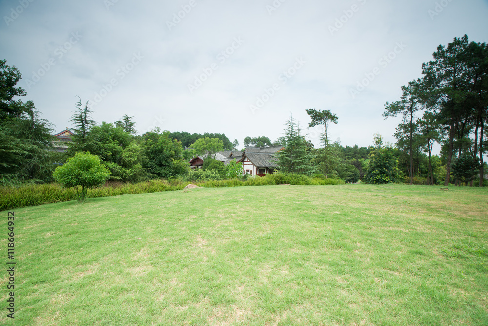 lawn with traditional chinese house background