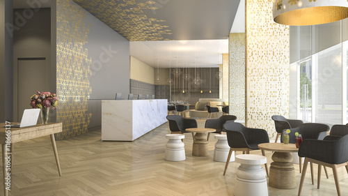Fotografiet 3d rendering luxury hotel reception and lounge