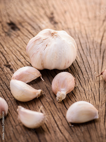 garlic on wood background