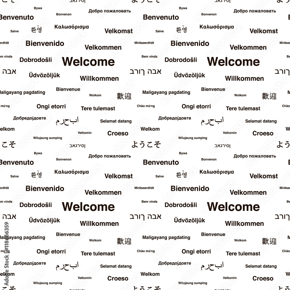 Black welcome phrases in different languages on white, seamless pattern