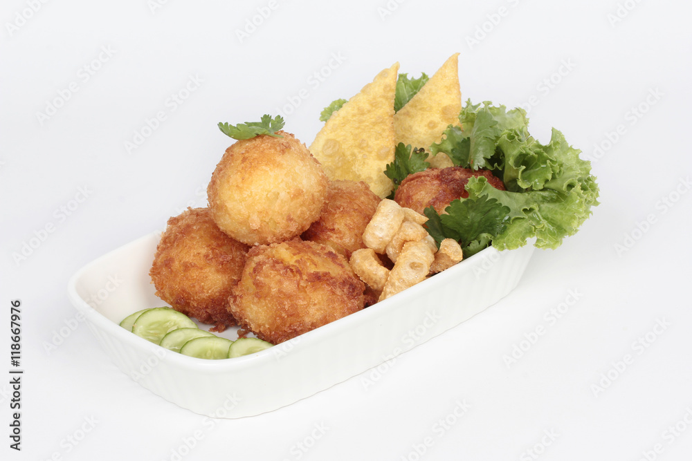 Fototapeta premium Deep fried minced pork in potato on white background.