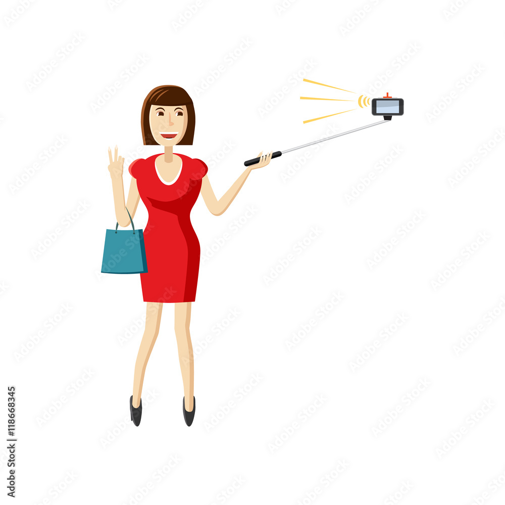 Girl in red dress making selfie with a stick icon in cartoon style on a white background