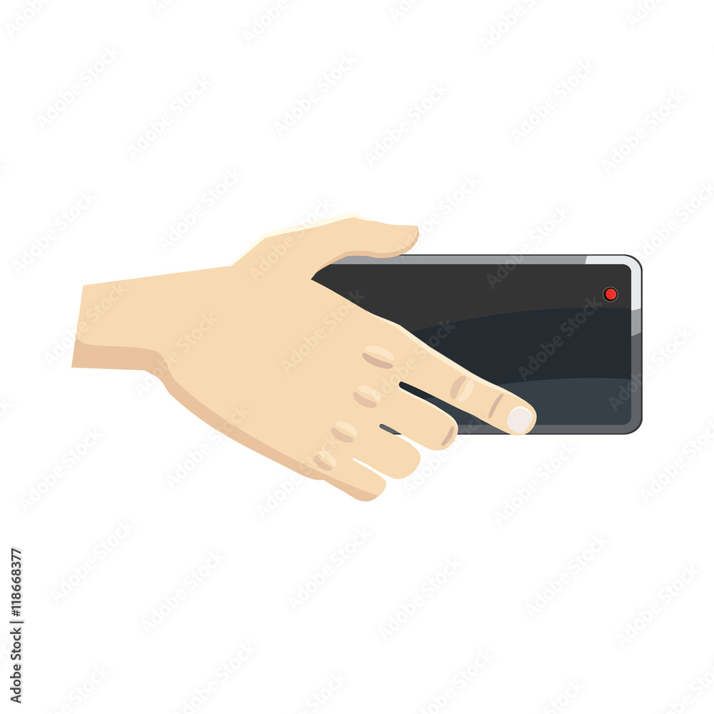 Hand holding smartphone icon in cartoon style on a white background Hand holding smartphone icon in cartoon style on a white background
