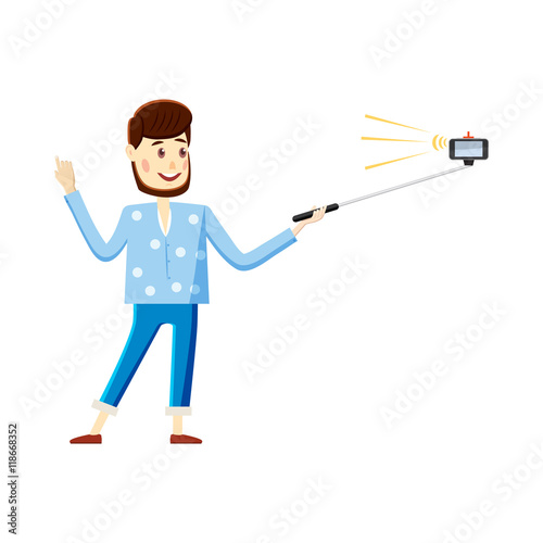 Man making selfie with a stick icon in cartoon style on a white background