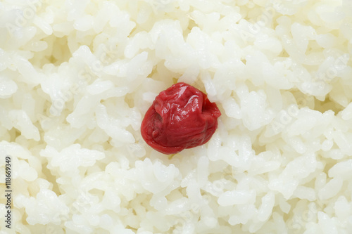 Japanese steamed rice with pickled plum isolated
Note: Japanese word hinomaru means national flag of Japan photo