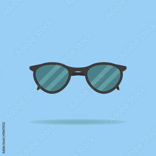 Black sunglasses flat icon isolated on blue background. Vector illustration.