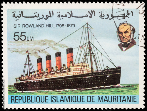 Photo Old steamship with portrait of Sir Rowland Hill on postage stamp