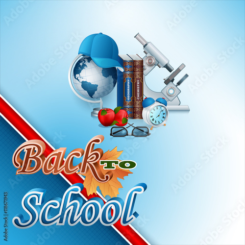 Back to school design  background with school supplies and 3d text   Vector illustration