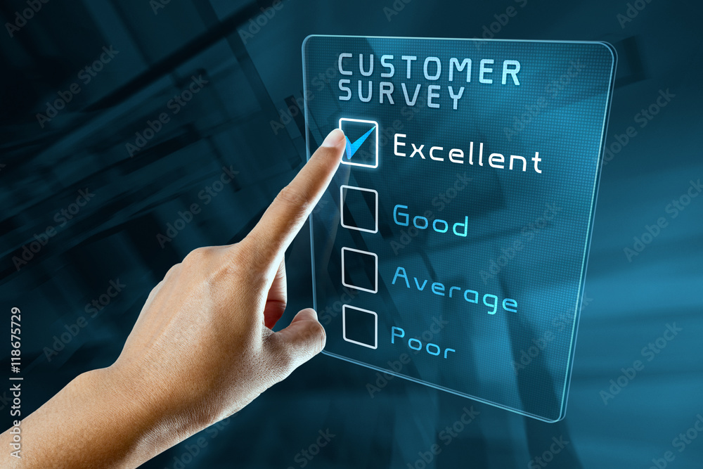 Obraz premium hand clicking online customer survey on virtual screen interface