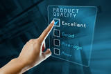 hand clicking online product quality survey on virtual screen interface