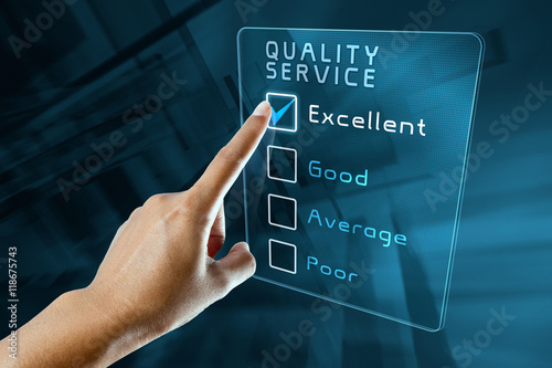 hand clicking online quality service survey on virtual screen interface