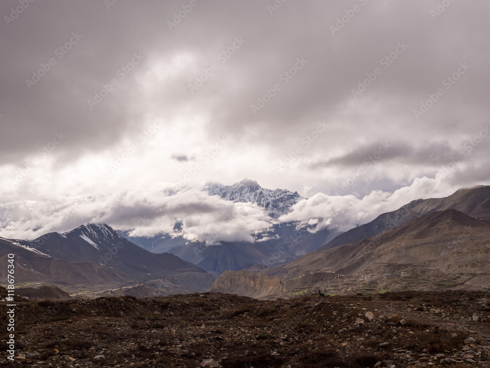 Snowy mountain with the overcast weather in Muktinath, Annapurna Conservation Area, Nepal