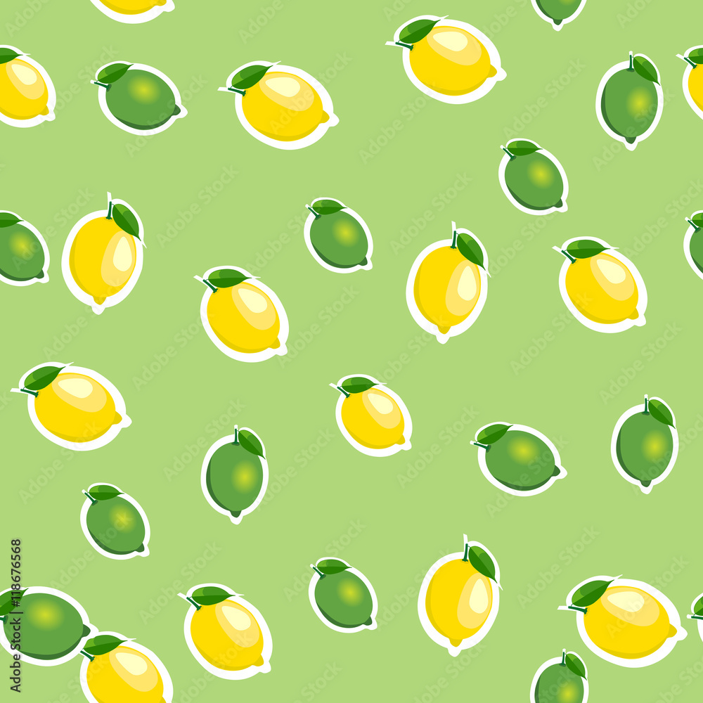 Seamless pattern with small lemons and limes with leaves. Light green background. Seamless pattern with small lemons and limes with leaves. Light green background.
