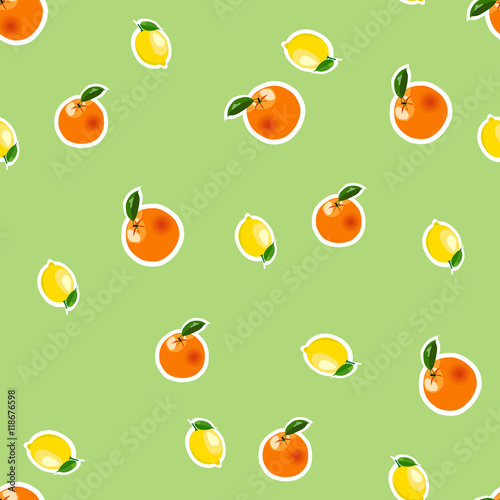 Seamless pattern with small lemon  orange stickers. Fruit isolated on a light green background