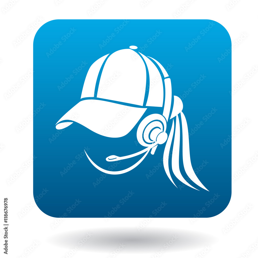Fototapeta premium Online consultant female icon in flat style in blue square. Service symbol