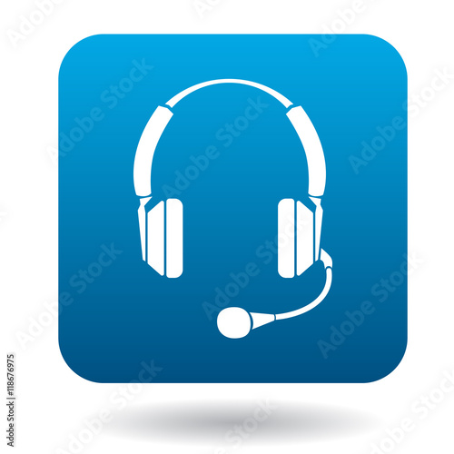 Headphones with microphone icon in flat style in blue square. Device symbol