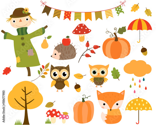 Autumn set of design elements and cartoon animals