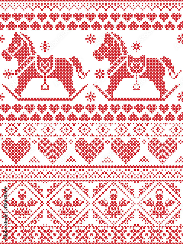 Scandinavian Printed Textile style and inspired by Norwegian Christmas and festive winter seamless pattern in cross stitch with snowflakes, rocking horse, angels hearts and ornaments Scandinavian Printed Textile style and inspired by Norwegian Christmas and festive winter seamless pattern in cross stitch with snowflakes, rocking horse, angels hearts and ornaments