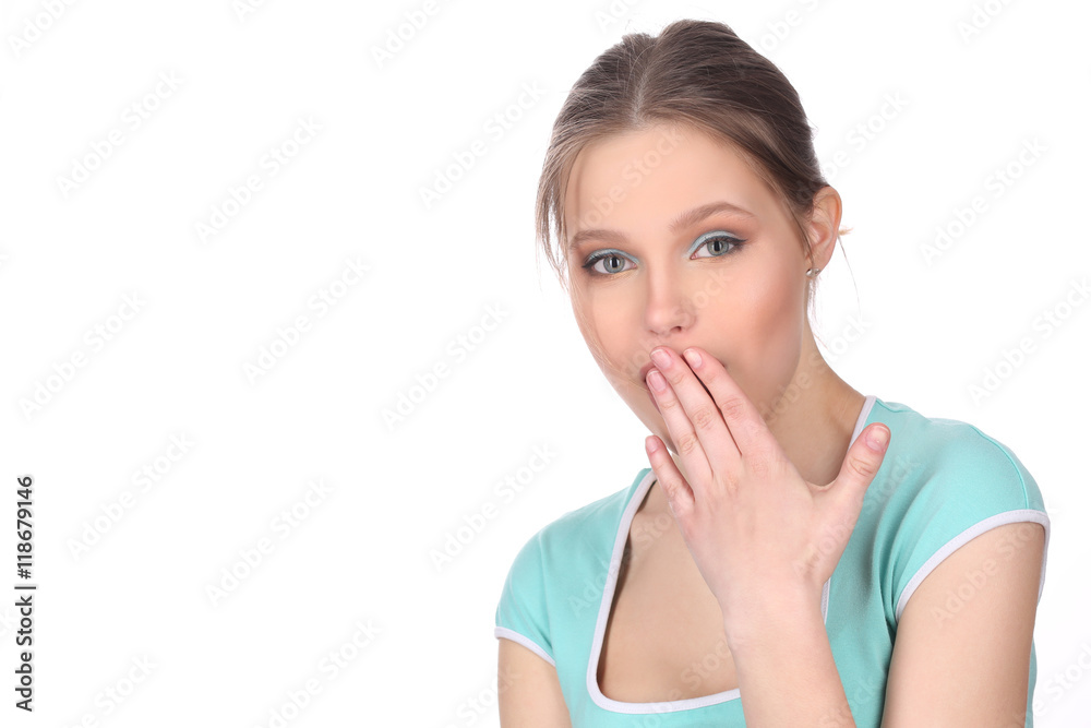 Lady with makeup covering her mouth. Close up. White background Lady with makeup covering her mouth. Close up. White background