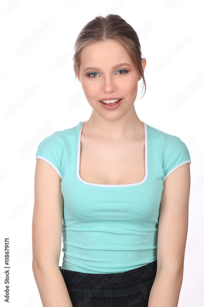 Smiling model with makeup posing. Close up. White background Smiling model with makeup posing. Close up. White background