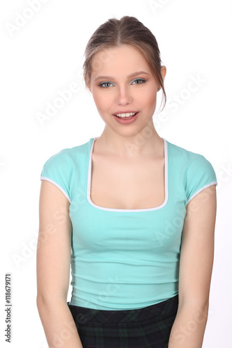 Smiling model with makeup posing. Close up. White background