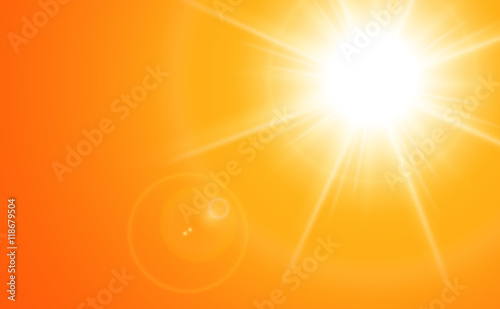 Sun with lens flare, orange vector background.