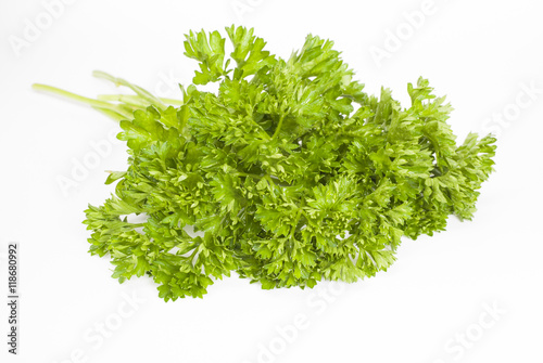 Fresh organic parsley on white. Selective focus