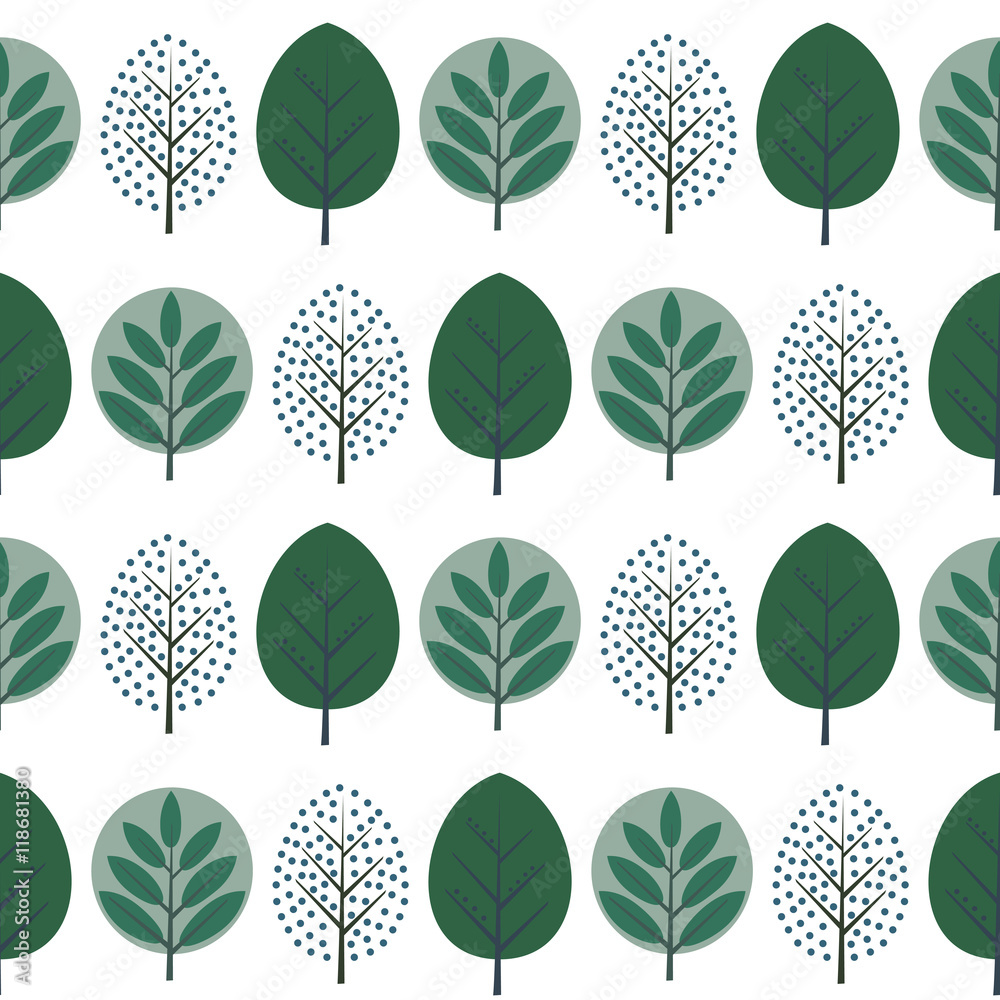 Green decorative trees seamless pattern. Cute nature background with green  leaves. Scandinavian style forest vector illustration. Design for textile,  wallpaper, fabric. Stock Vector | Adobe Stock