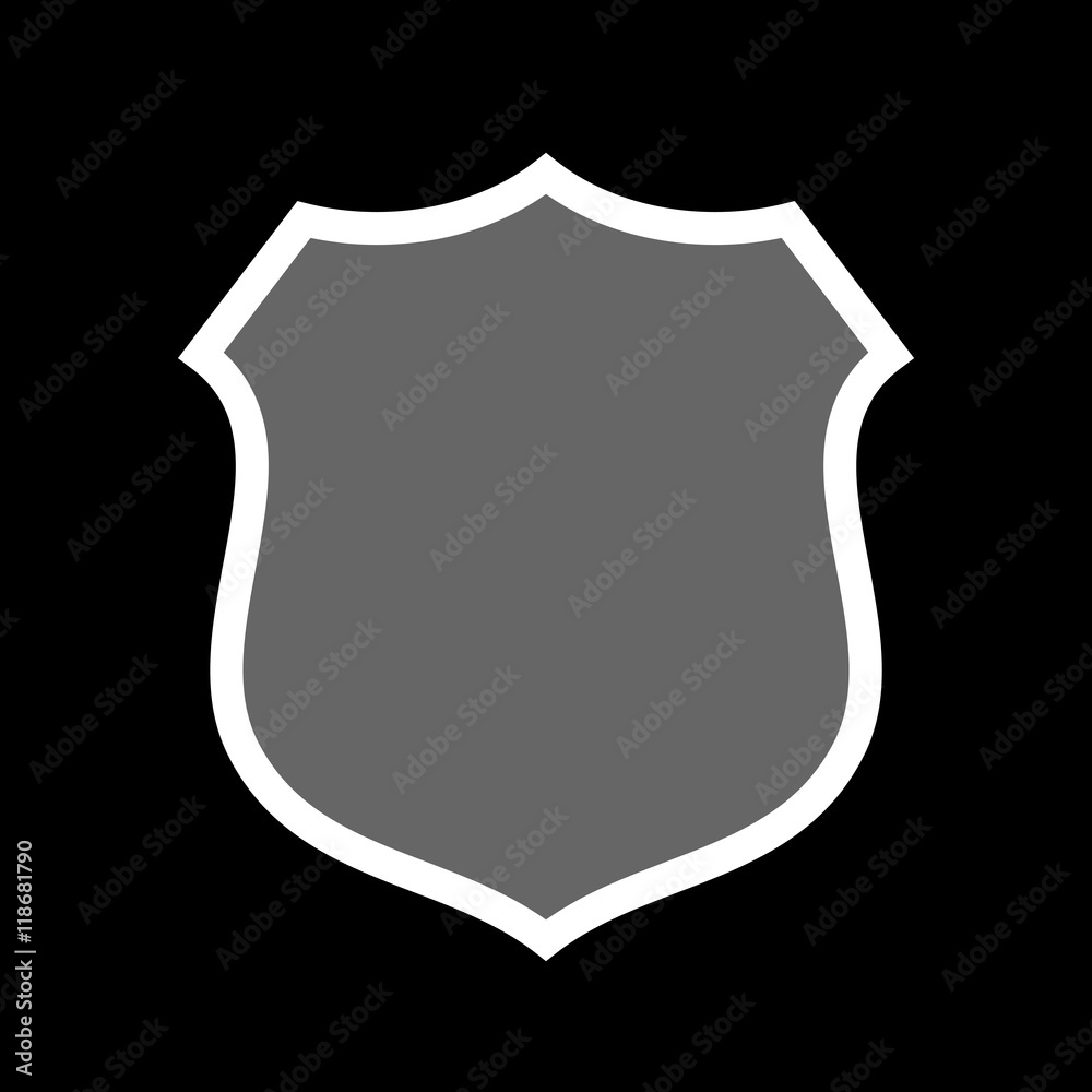 Shield icon. Gray sign, isolated on black background. Symbol of protection, arms, coat and honor, security, safety. Flat graphic design. Medieval heraldic emblem. Vector illustration
