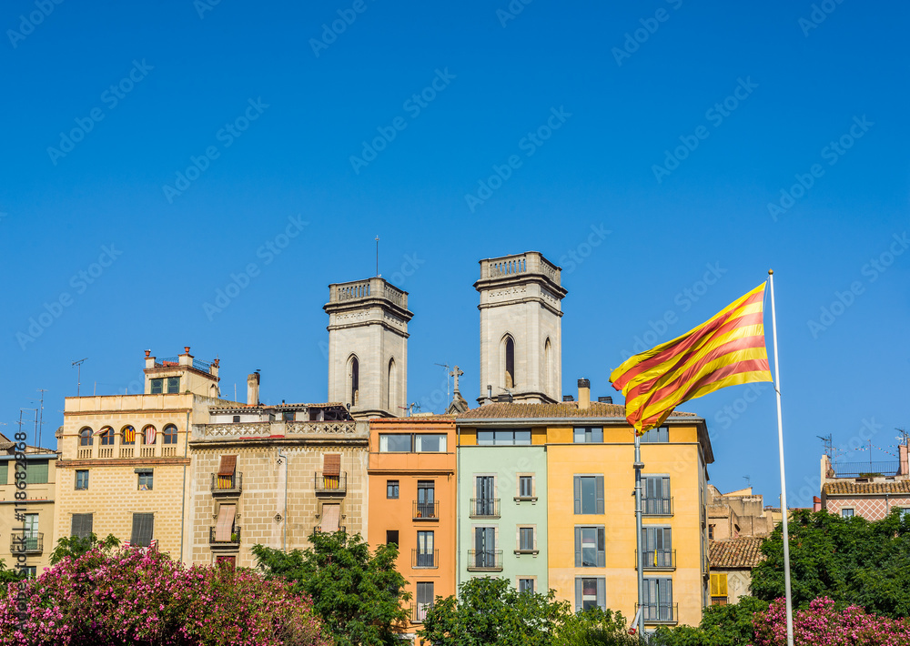 Flag of Catalonia waving in the downtown of Girona. Spain.