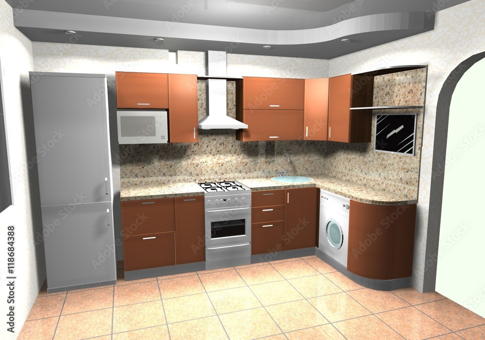 interior design 3D rendering modern kitchen orange with a washing machine interior design 3D rendering modern kitchen orange with a washing machine