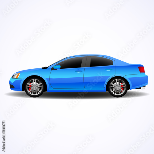 Realistic car, blue sedan, side view, vector isllustration