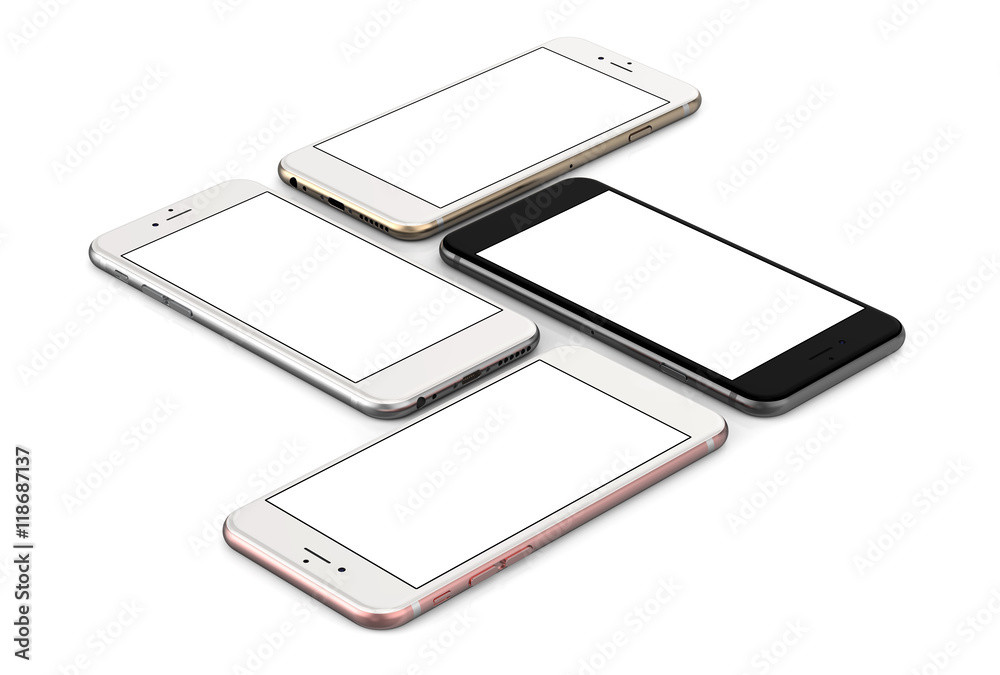 Set of four smartphones gold, rose, silver and black - blank screen and isolated on white background, high resolution, Template, mockup. Set of four smartphones gold, rose, silver and black - blank screen and isolated on white background, high resolution, Template, mockup.