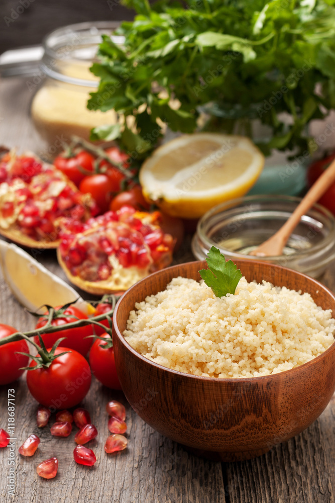 cooked couscous, fresh vegetables for salad cooked couscous, fresh vegetables for salad