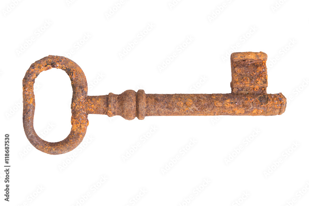 Obraz premium Old rusty key on a white background