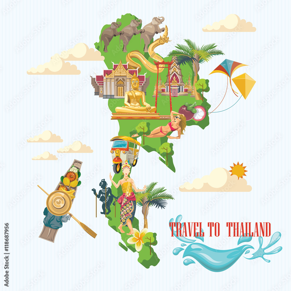 Fototapeta premium Travel Thailand landmarks. Thai vector icons. Vacations poster with thai ethnic elements