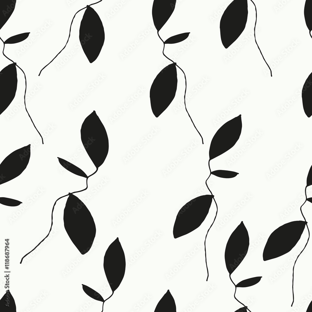 Fototapeta Seamless Leaves pattern. Vector black and white background and texture.