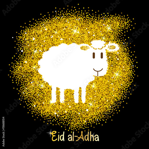 Eid al-Adha greeting card with silhouette of sheep on gold glitter background. Arabic lettering. English translation: Feast of the Sacrifice. Muslim religion holiday. Vector Illustration.