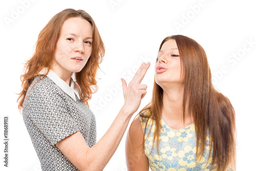 30-year-old girlfriends having fun and posing on a white backgro