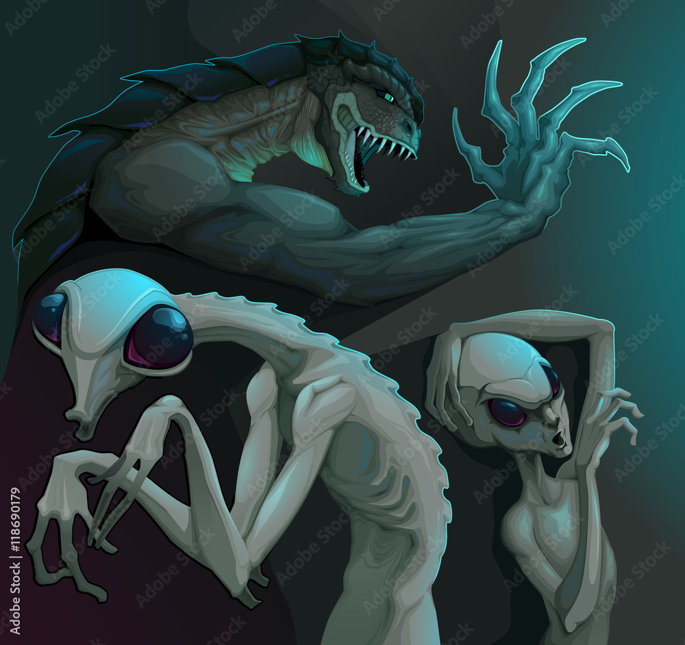 Ταπετσαρία Three types of aliens: reptilian, grey and insectoid