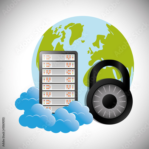 planet cloud computing web hosting data center security system technology icon set. Colorful and flat design. Vector illustration