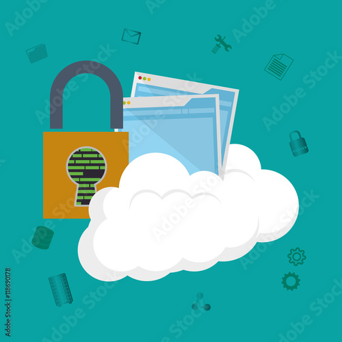 padlock site cloud computing web hosting data center security system technology icon set. Colorful and flat design. Vector illustration